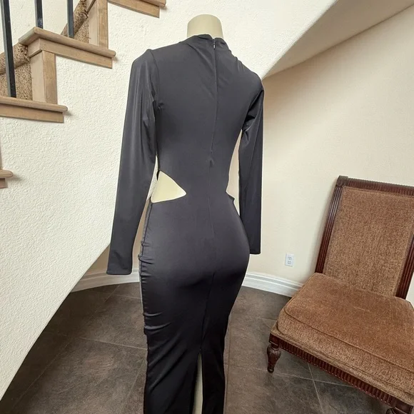OH POLLY Black Cut Out Maxi Dress US 6 Sexy Bodycon Long Sleeve Evening Party - Picture 6 of 10